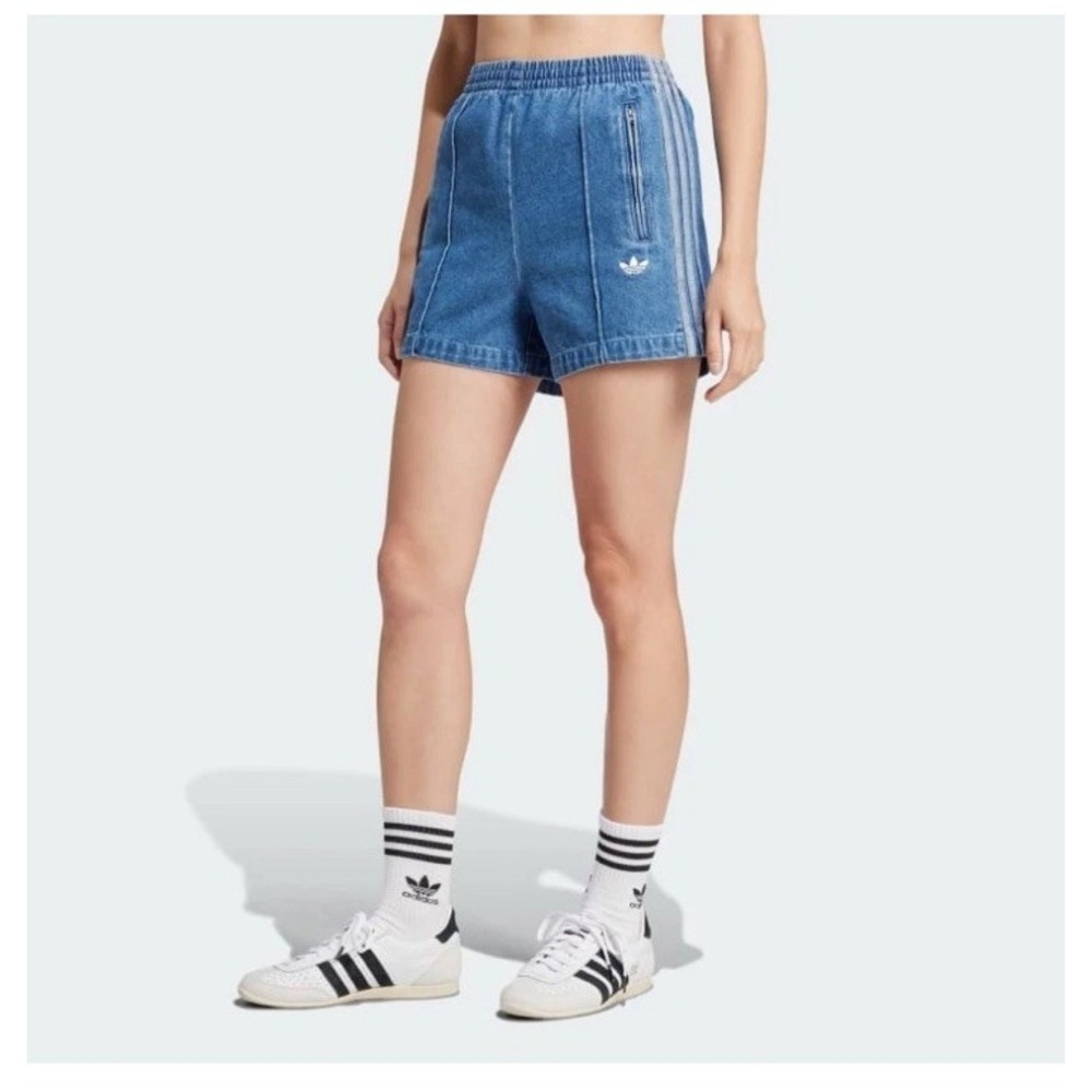 Adidas Adicolor Firebird Denim Short Pants Womens Blue JD2562 Size L Large NWT